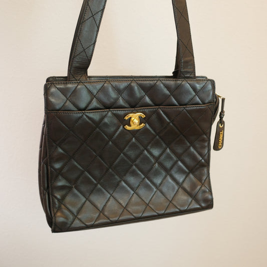CHANEL Quilted Shoulder Bag Black Lambskin with Gold Hardware