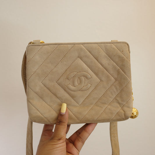 CHANEL Beige Suede Crossbody Bag