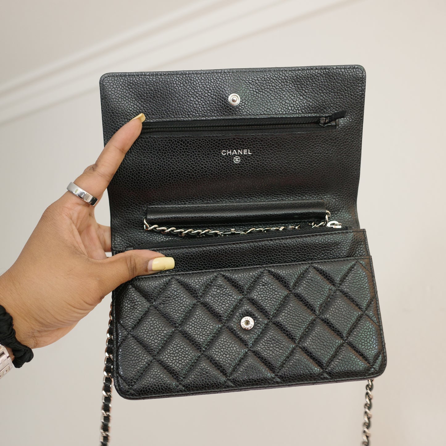 CHANEL Caviar Black Silver HW WOC Wallet on Chain