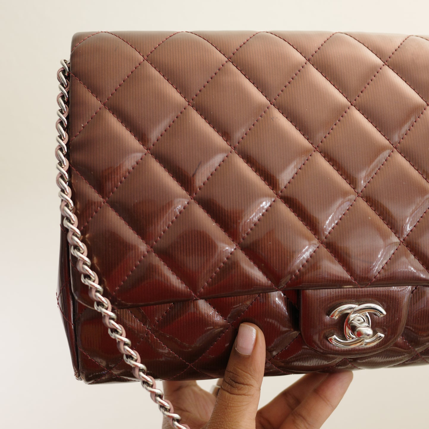 CHANEL Matelasse Patent Leather Chain Shoulder Bag Burgundy