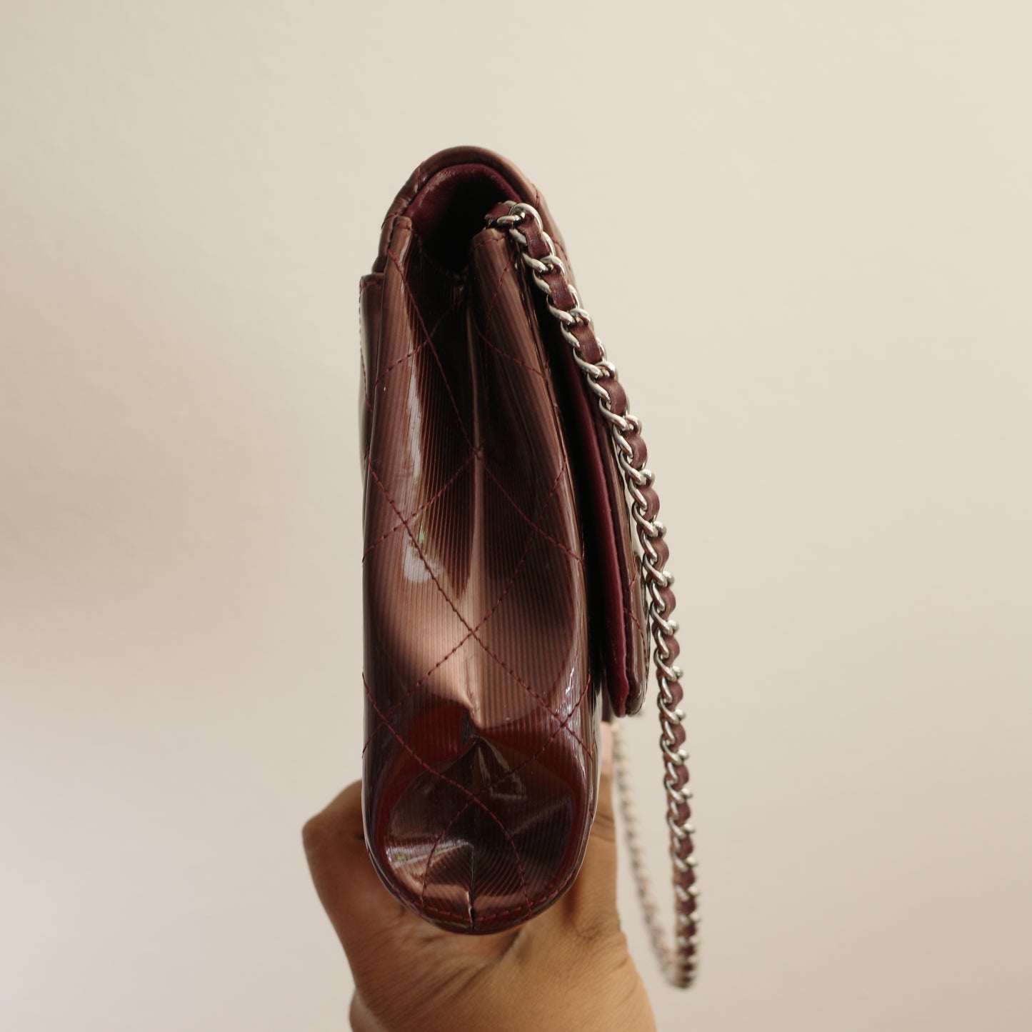 CHANEL Matelasse Patent Leather Chain Shoulder Bag Burgundy