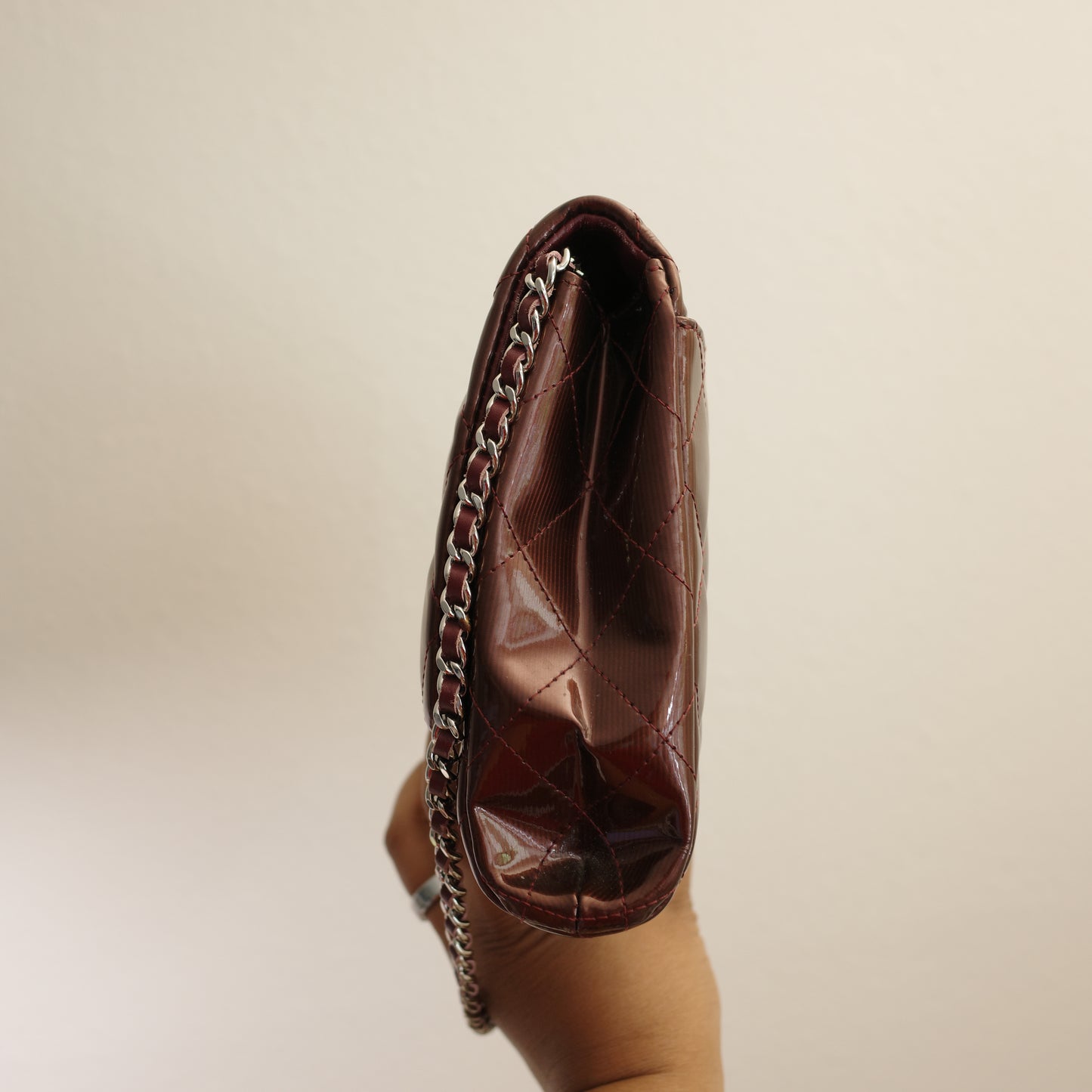 CHANEL Matelasse Patent Leather Chain Shoulder Bag Burgundy