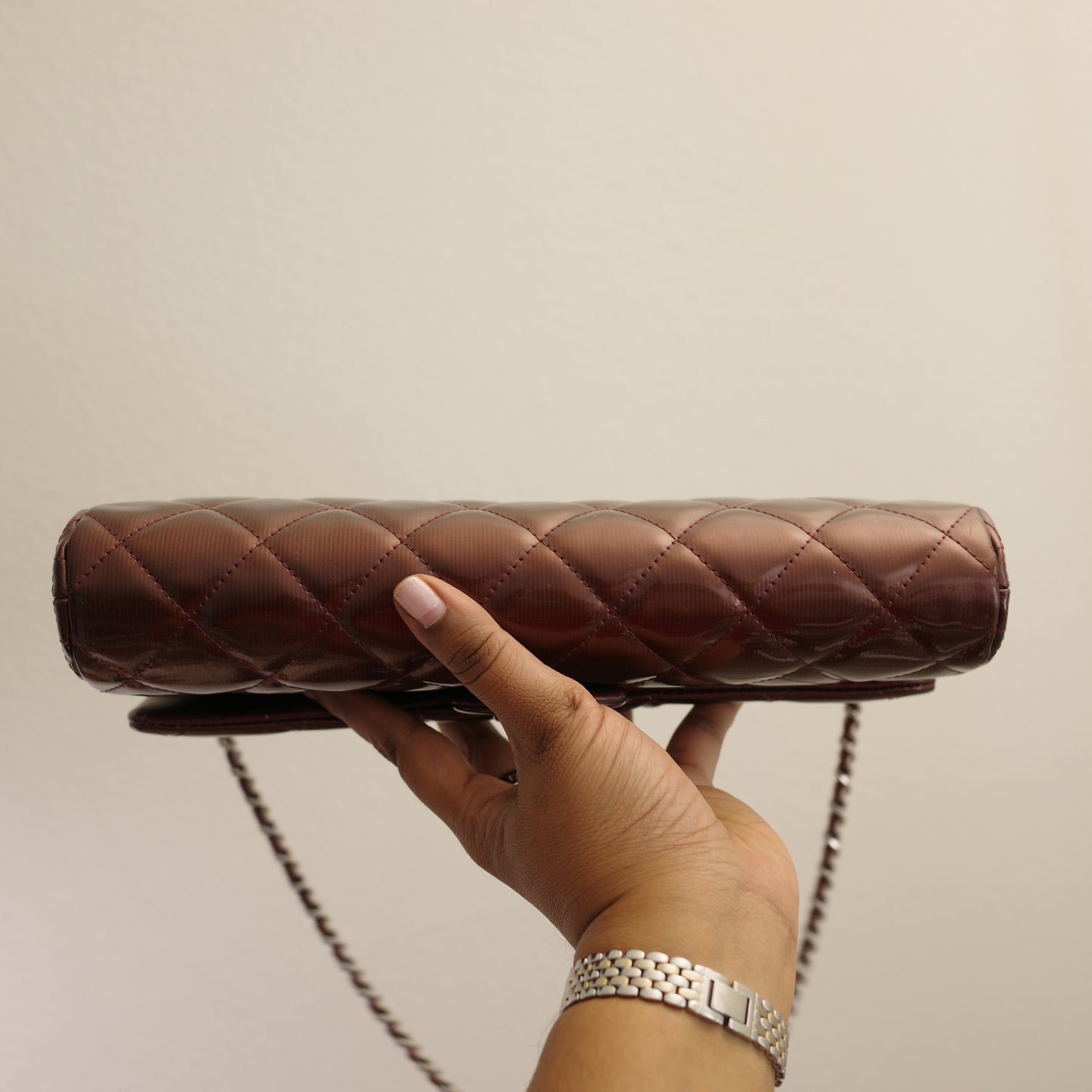 CHANEL Matelasse Patent Leather Chain Shoulder Bag Burgundy