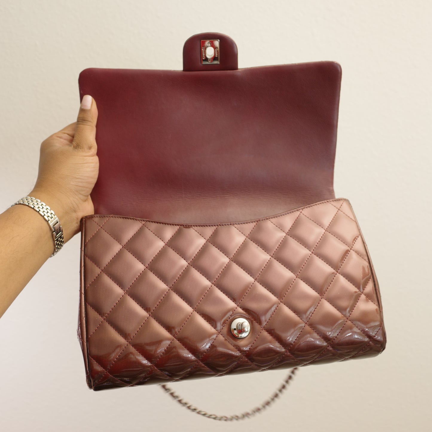 CHANEL Matelasse Patent Leather Chain Shoulder Bag Burgundy
