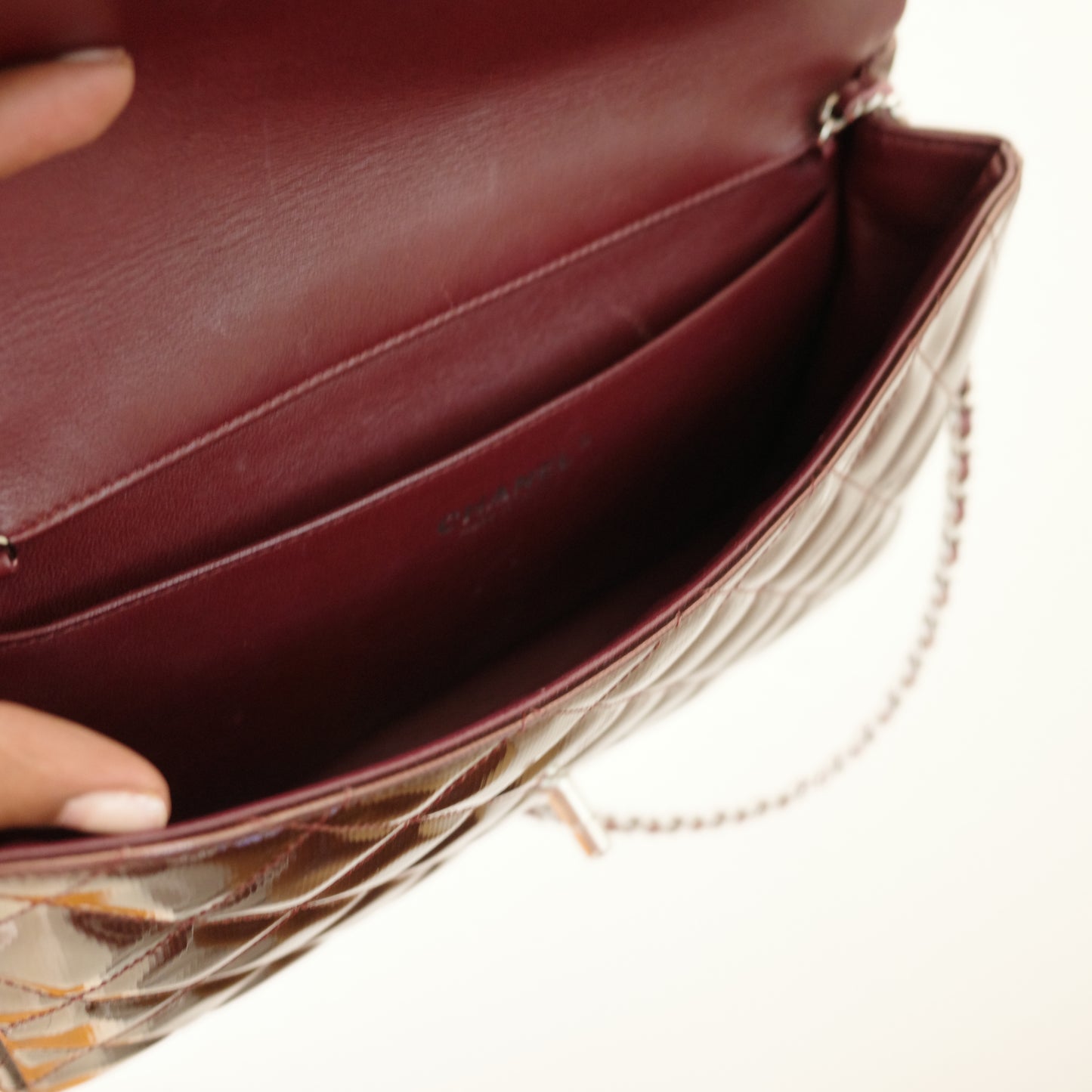 CHANEL Matelasse Patent Leather Chain Shoulder Bag Burgundy