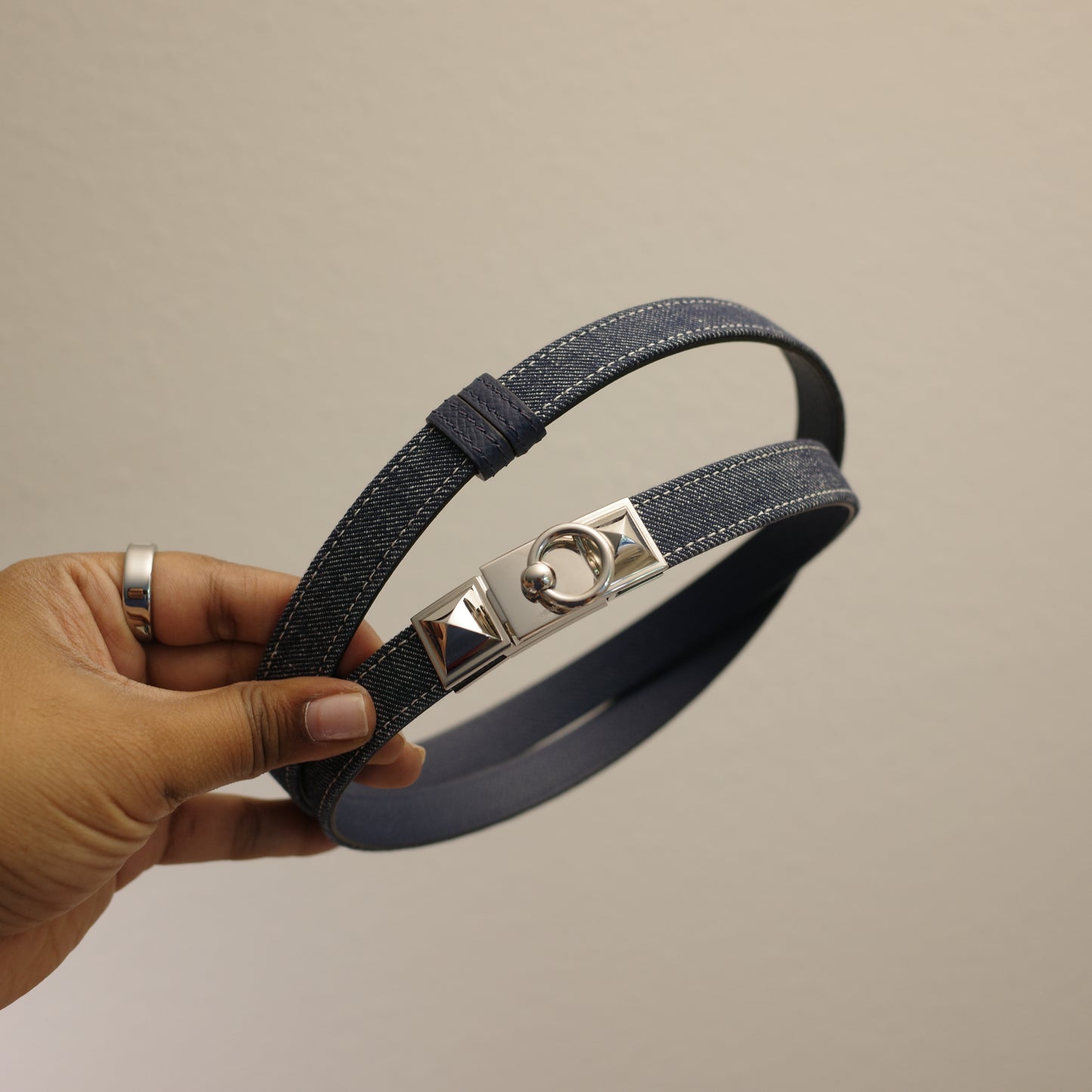 HERMES Denim Epson Rivale Kelly 18 Belt