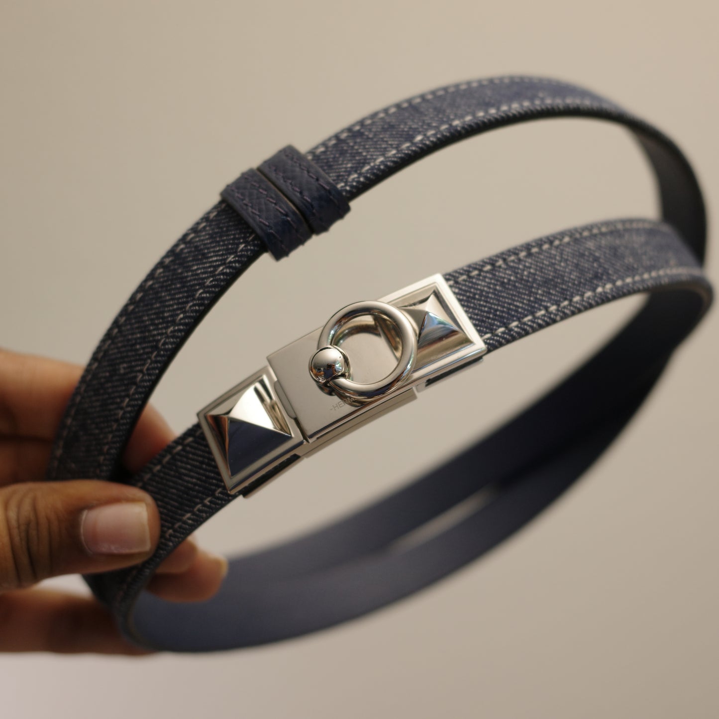 HERMES Denim Epson Rivale Kelly 18 Belt