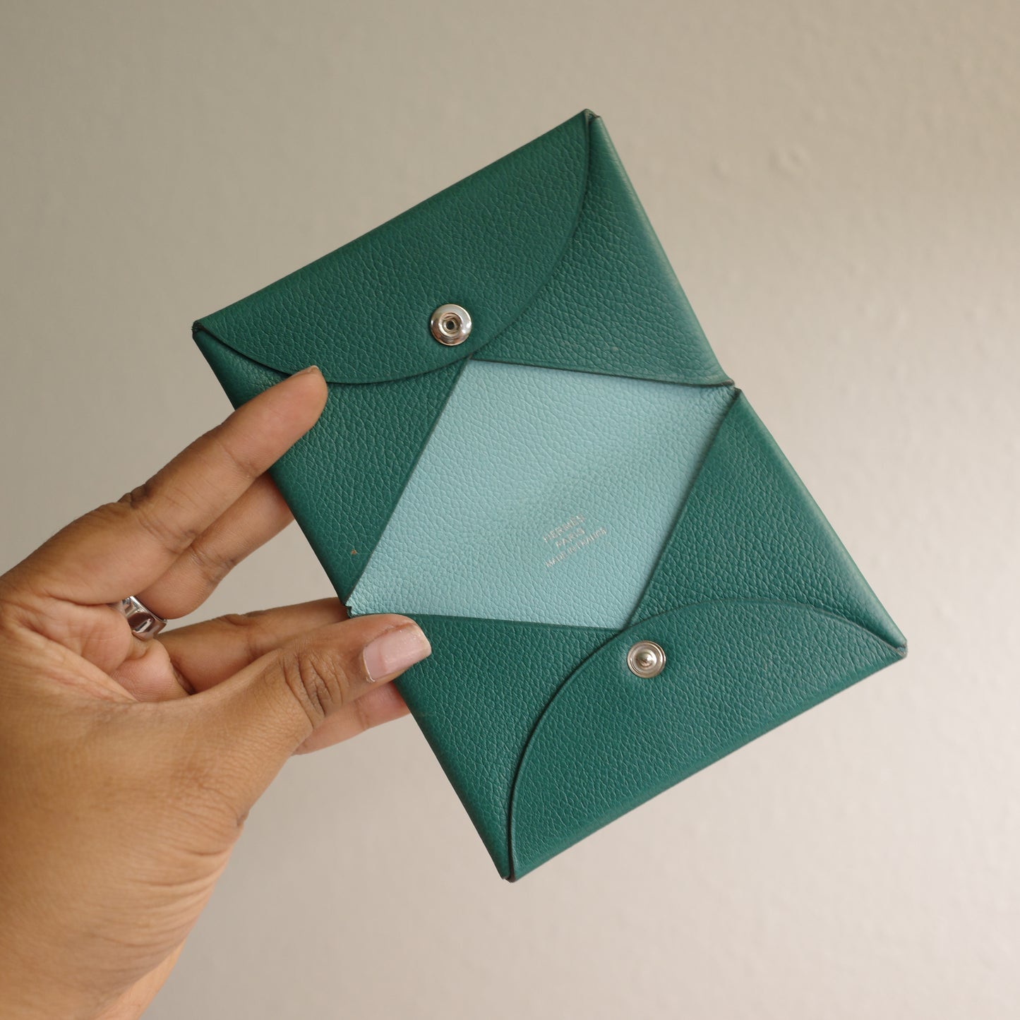 Hermes Calvi Card Case Duo Green Blue