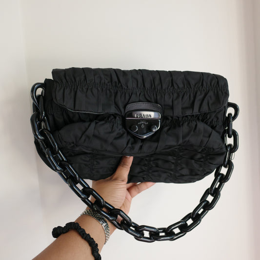 PRADA Gaufre Chain Flap Black Nylon Shoulder Bag