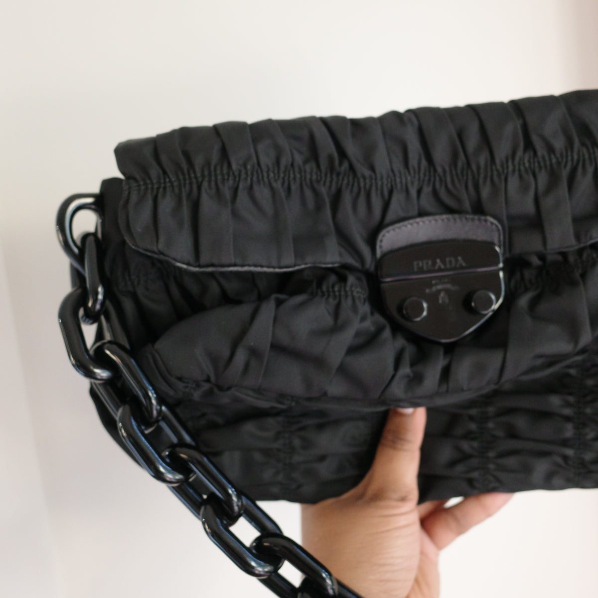 PRADA Gaufre Chain Flap Black Nylon Shoulder Bag