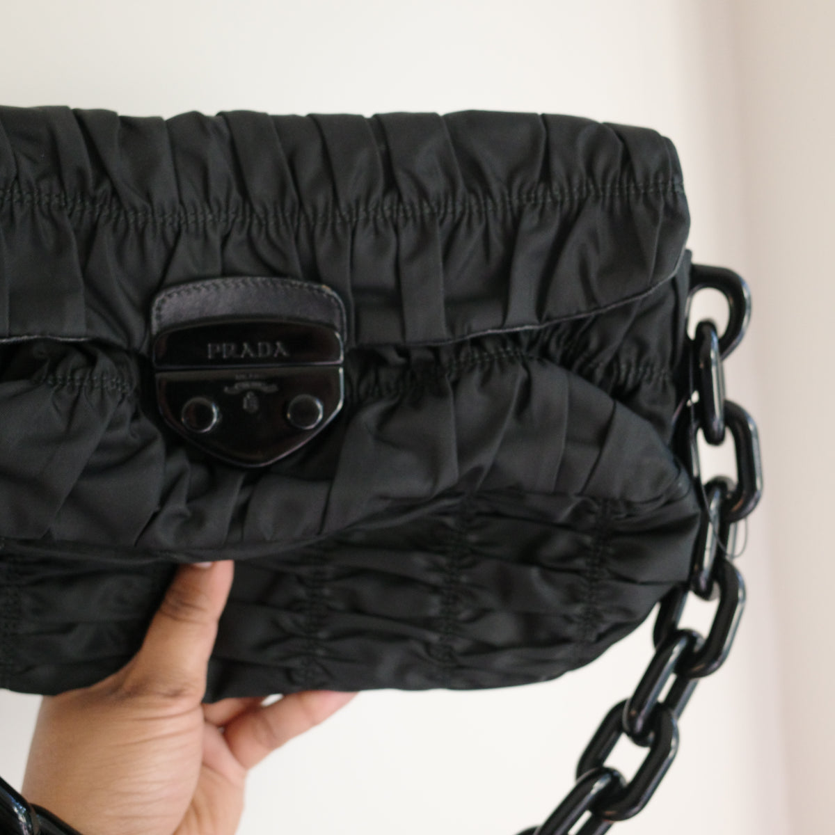 PRADA Gaufre Chain Flap Black Nylon Shoulder Bag