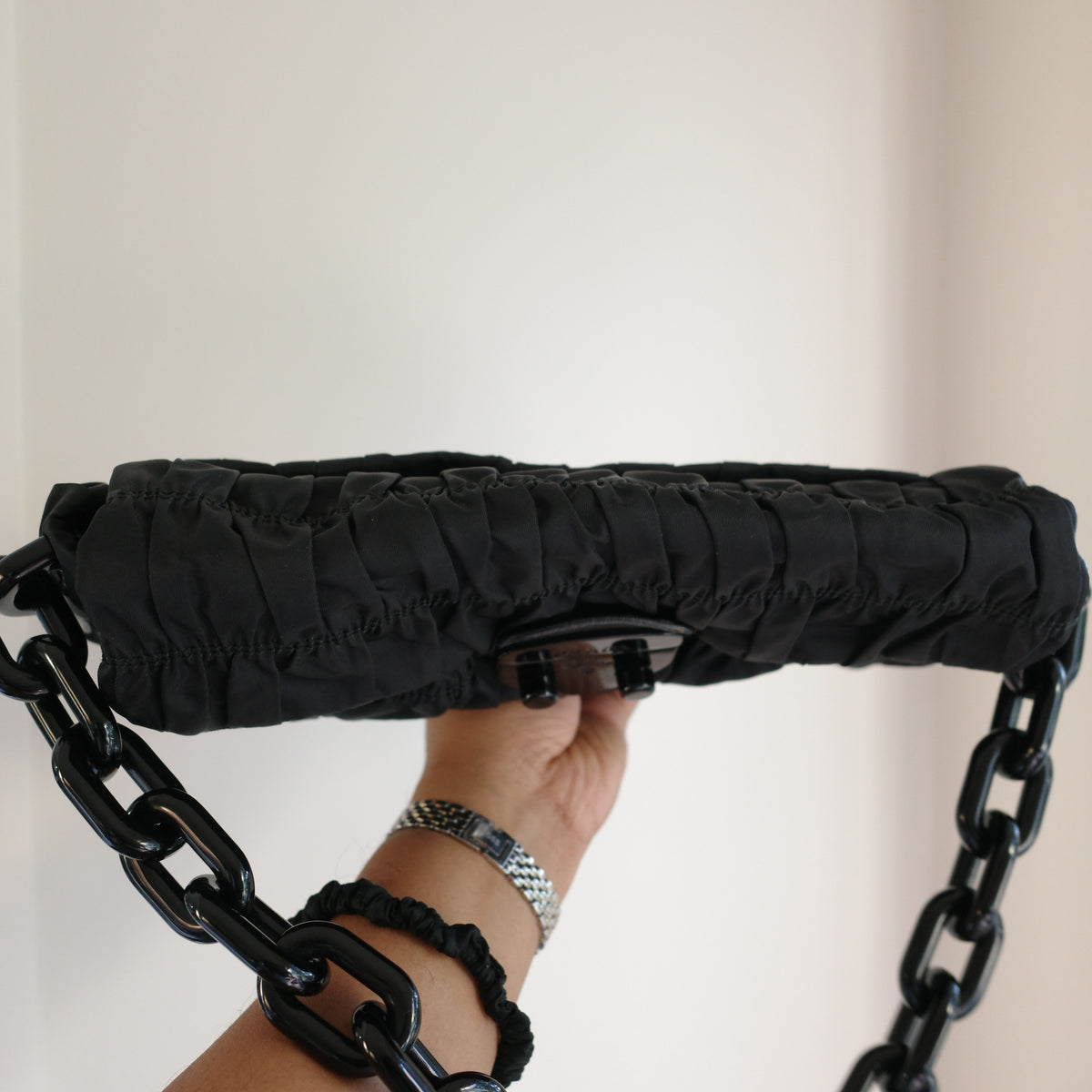 PRADA Gaufre Chain Flap Black Nylon Shoulder Bag