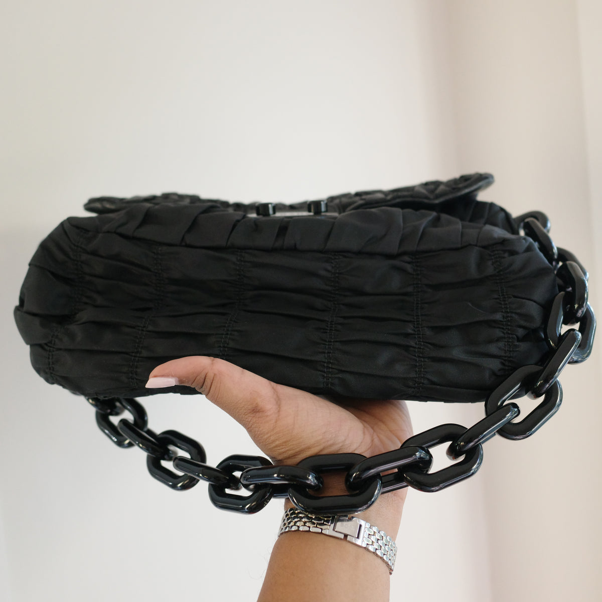 PRADA Gaufre Chain Flap Black Nylon Shoulder Bag