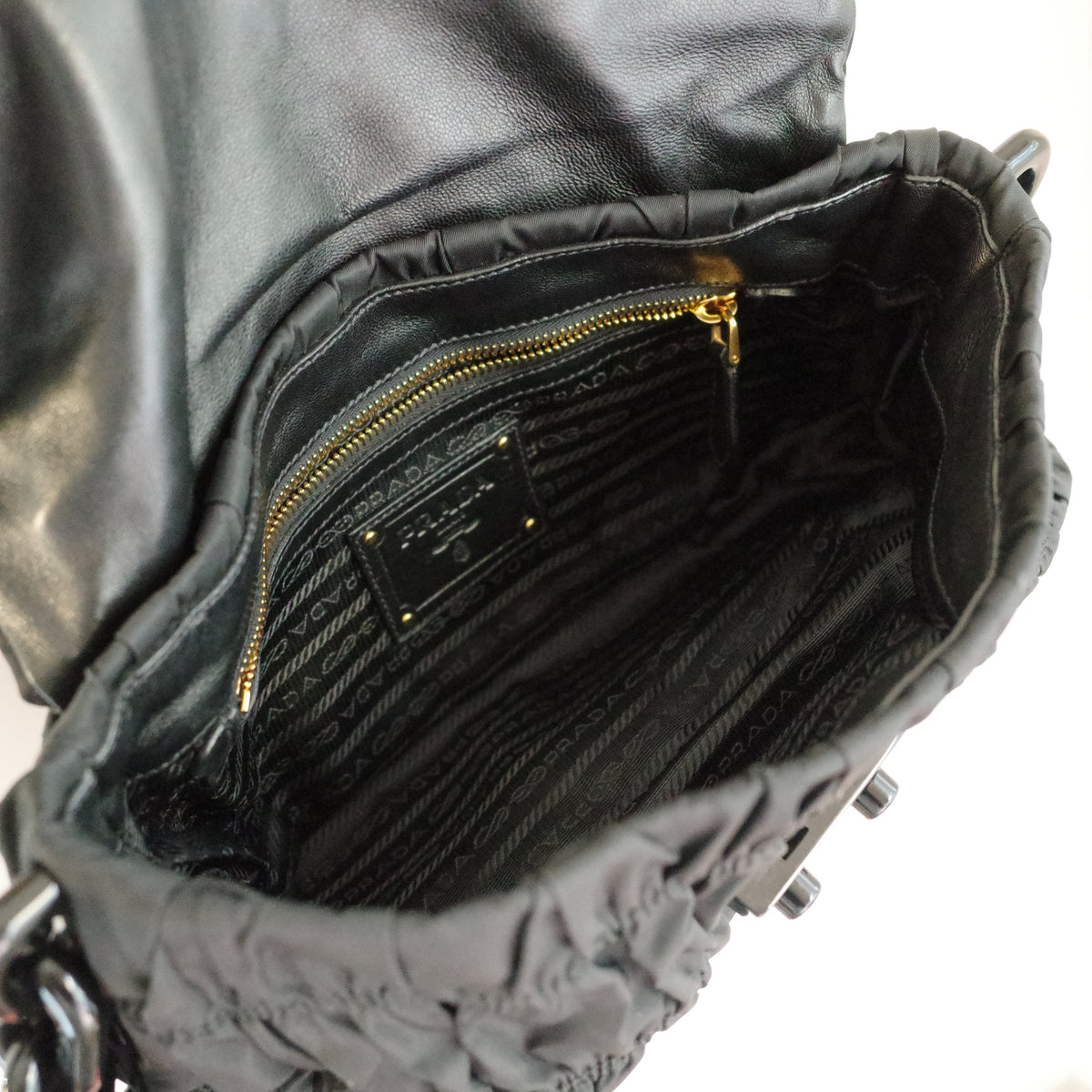 PRADA Gaufre Chain Flap Black Nylon Shoulder Bag