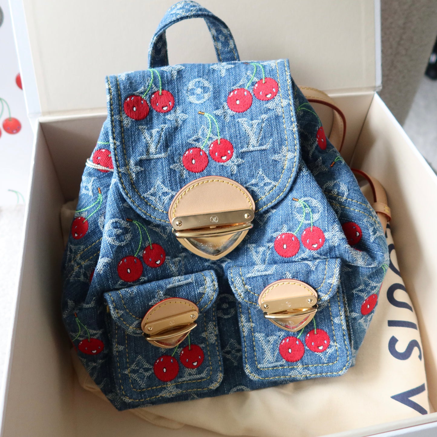 LOUIS VUITTON Murakami Cherries Denim Venice Backpack NM