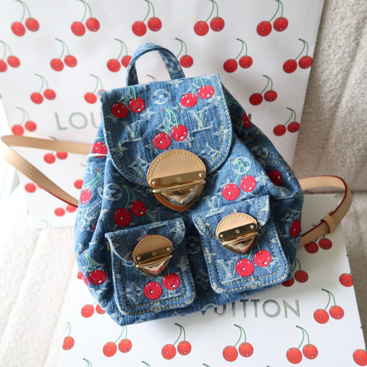 LOUIS VUITTON Murakami Cherries Denim Venice Backpack NM