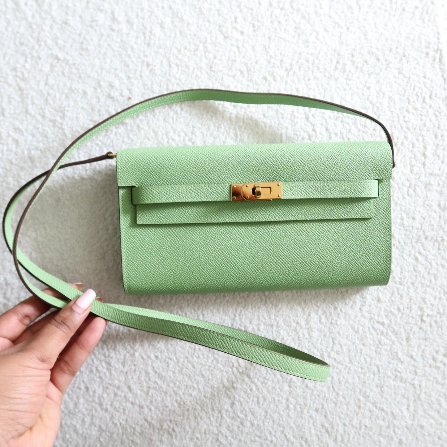 HERMES Kelly To Go Wallet on Strap Epsom Leather Verso Green and Blue GHW