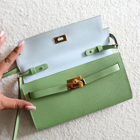 HERMES Kelly To Go Wallet on Strap Epsom Leather Verso Green and Blue GHW