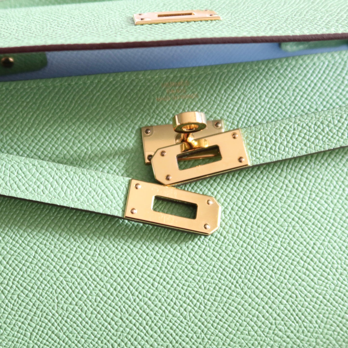 HERMES Kelly To Go Wallet on Strap Epsom Leather Verso Green and Blue GHW