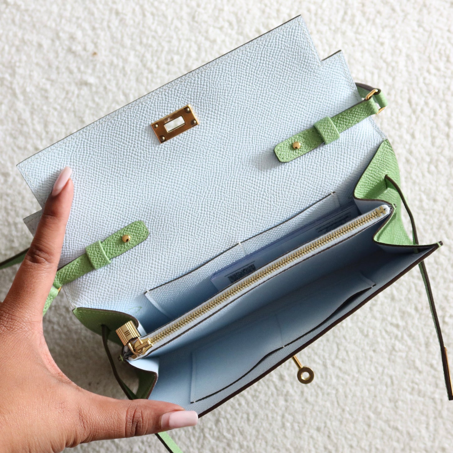 HERMES Kelly To Go Wallet on Strap Epsom Leather Verso Green and Blue GHW