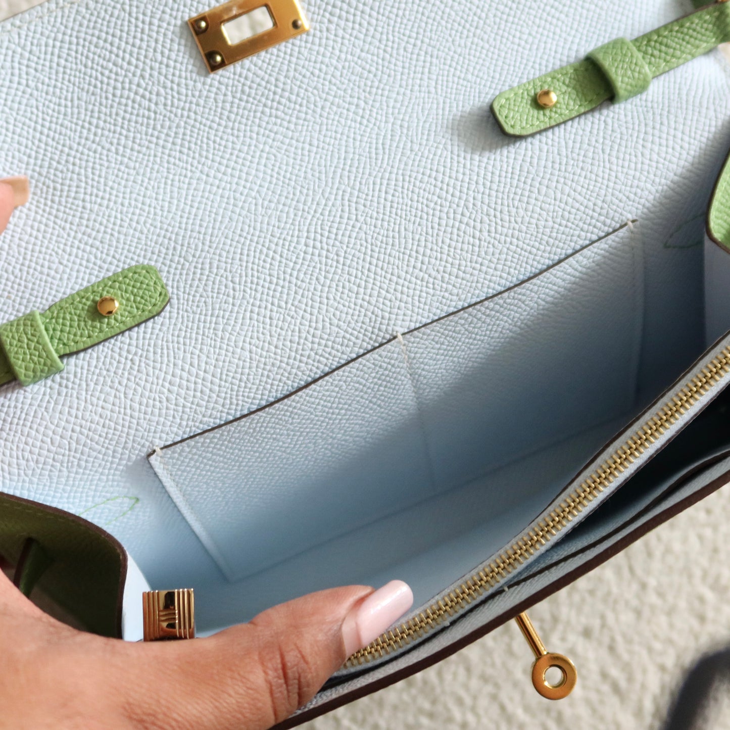HERMES Kelly To Go Wallet on Strap Epsom Leather Verso Green and Blue GHW