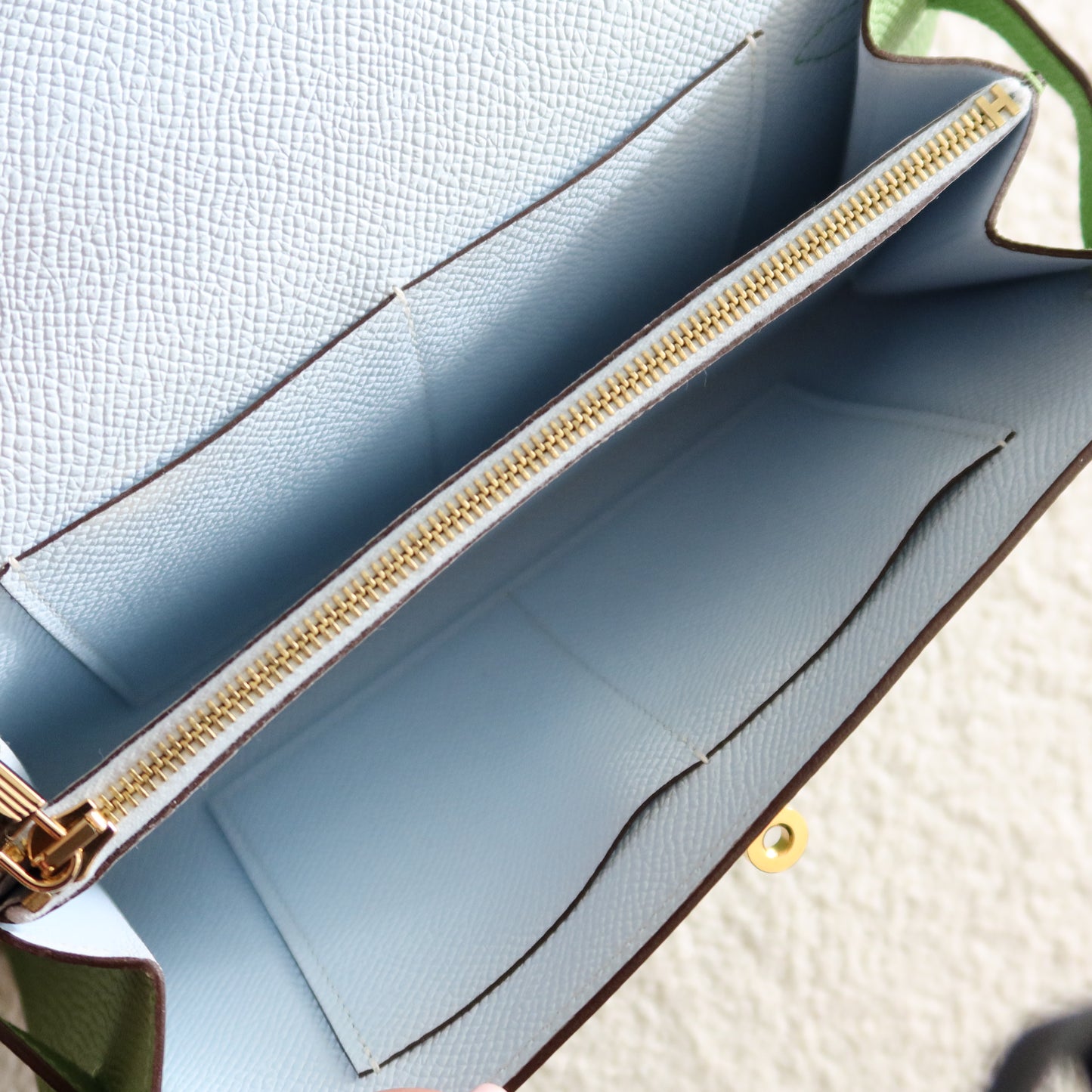 HERMES Kelly To Go Wallet on Strap Epsom Leather Verso Green and Blue GHW