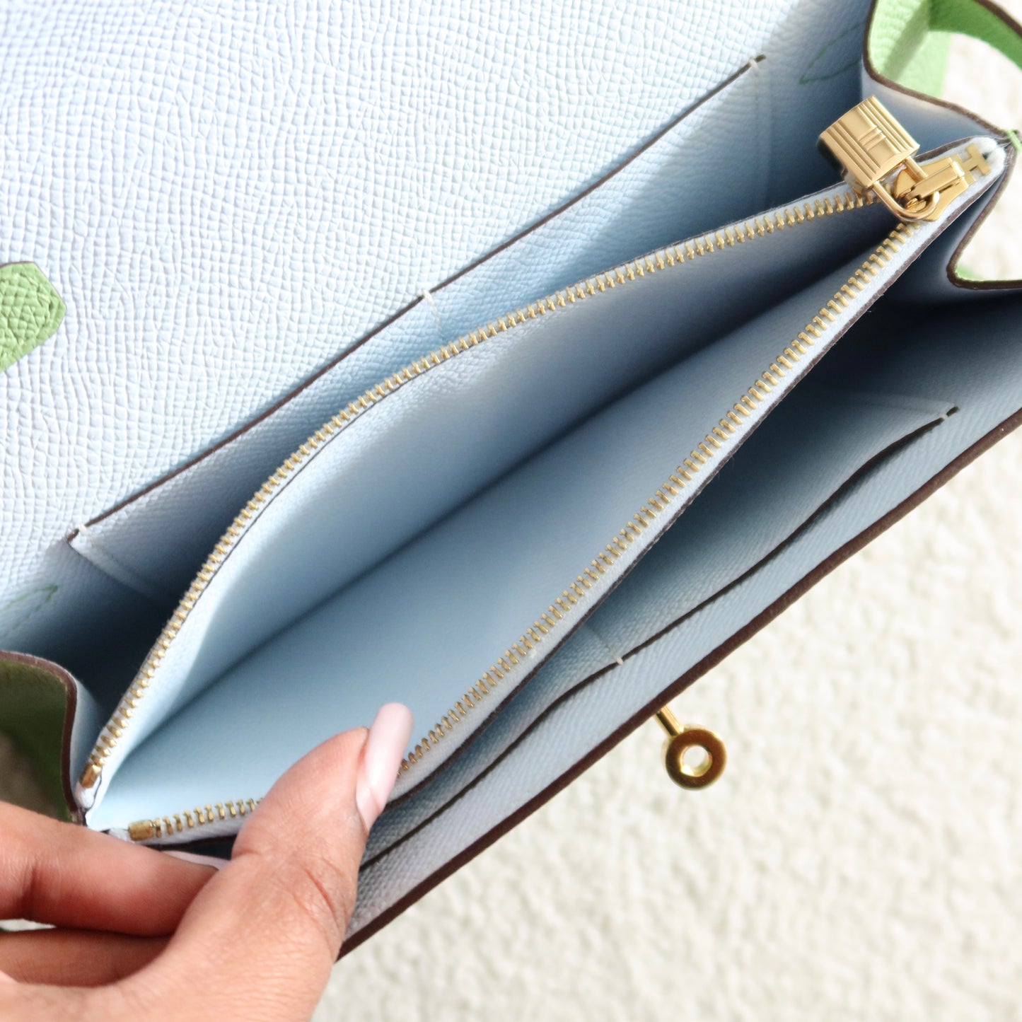 HERMES Kelly To Go Wallet on Strap Epsom Leather Verso Green and Blue GHW