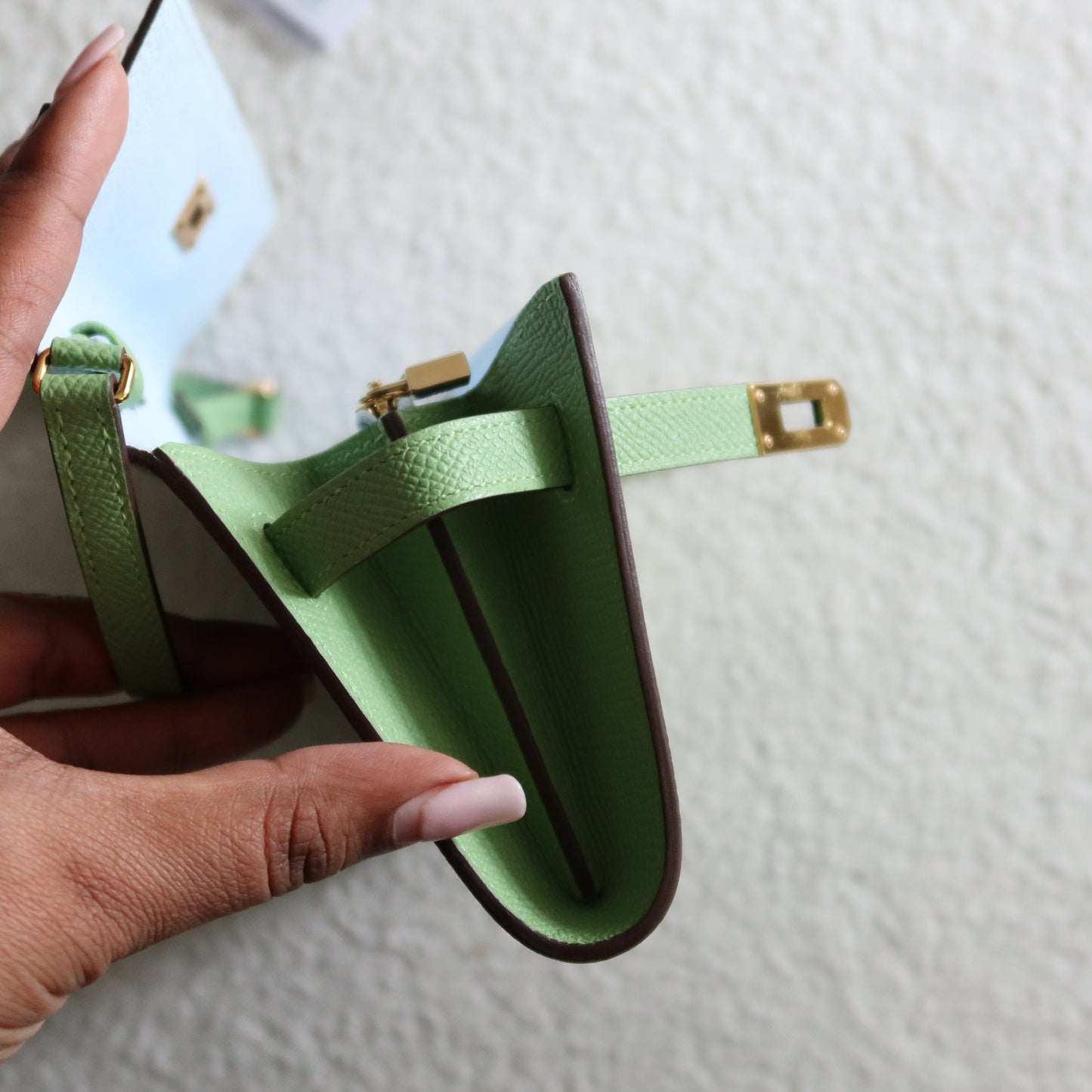 HERMES Kelly To Go Wallet on Strap Epsom Leather Verso Green and Blue GHW