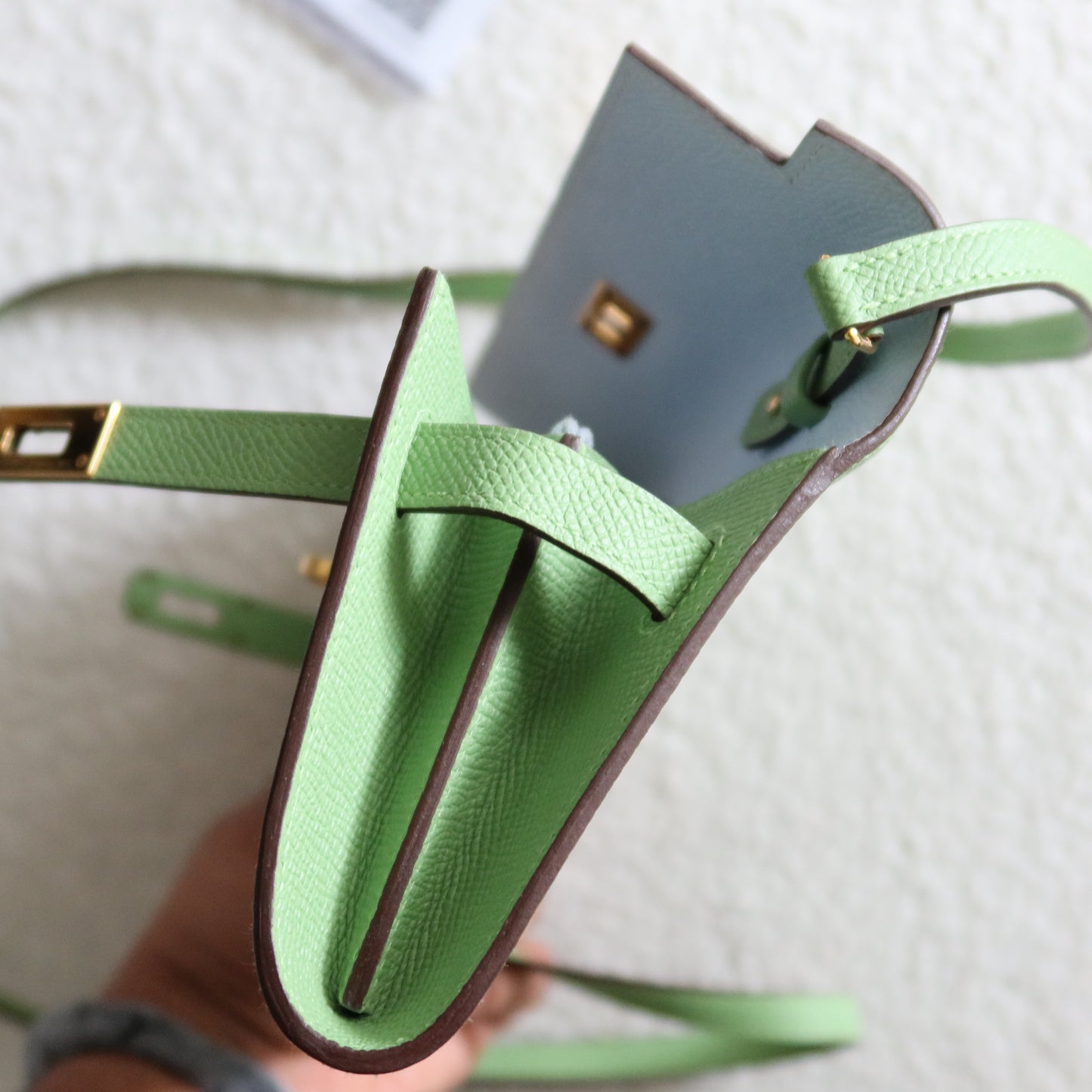 HERMES Kelly To Go Wallet on Strap Epsom Leather Verso Green and Blue GHW