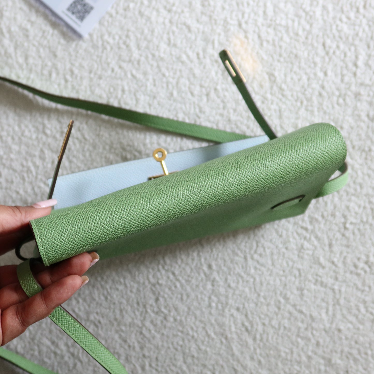 HERMES Kelly To Go Wallet on Strap Epsom Leather Verso Green and Blue GHW