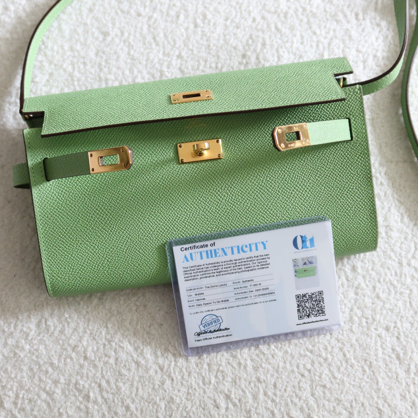 HERMES Kelly To Go Wallet on Strap Epsom Leather Verso Green and Blue GHW