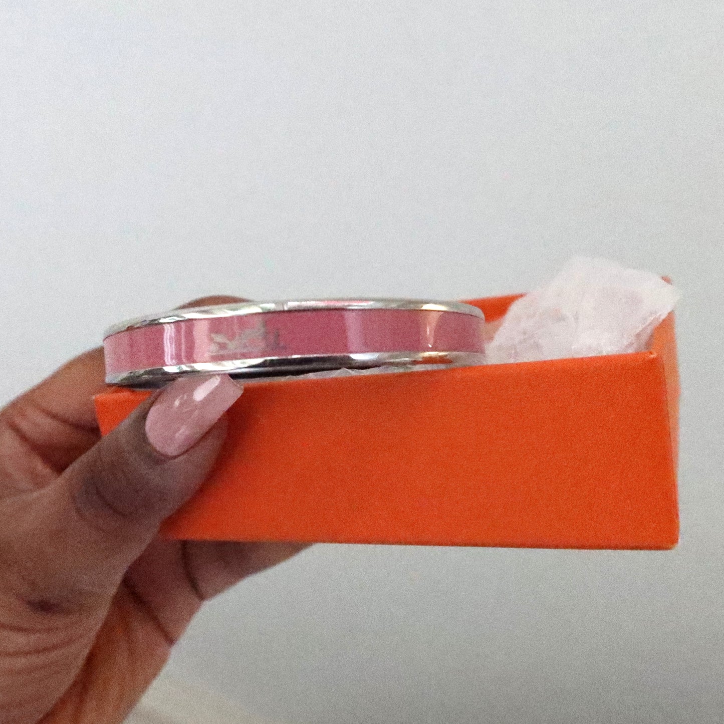 HERMES Pink Enamel &amp; Palladium-Plated Bangle Bracelet (N Stamp)