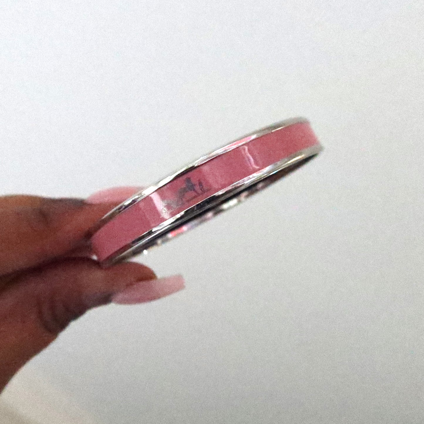 HERMES Pink Enamel &amp; Palladium-Plated Bangle Bracelet (N Stamp)