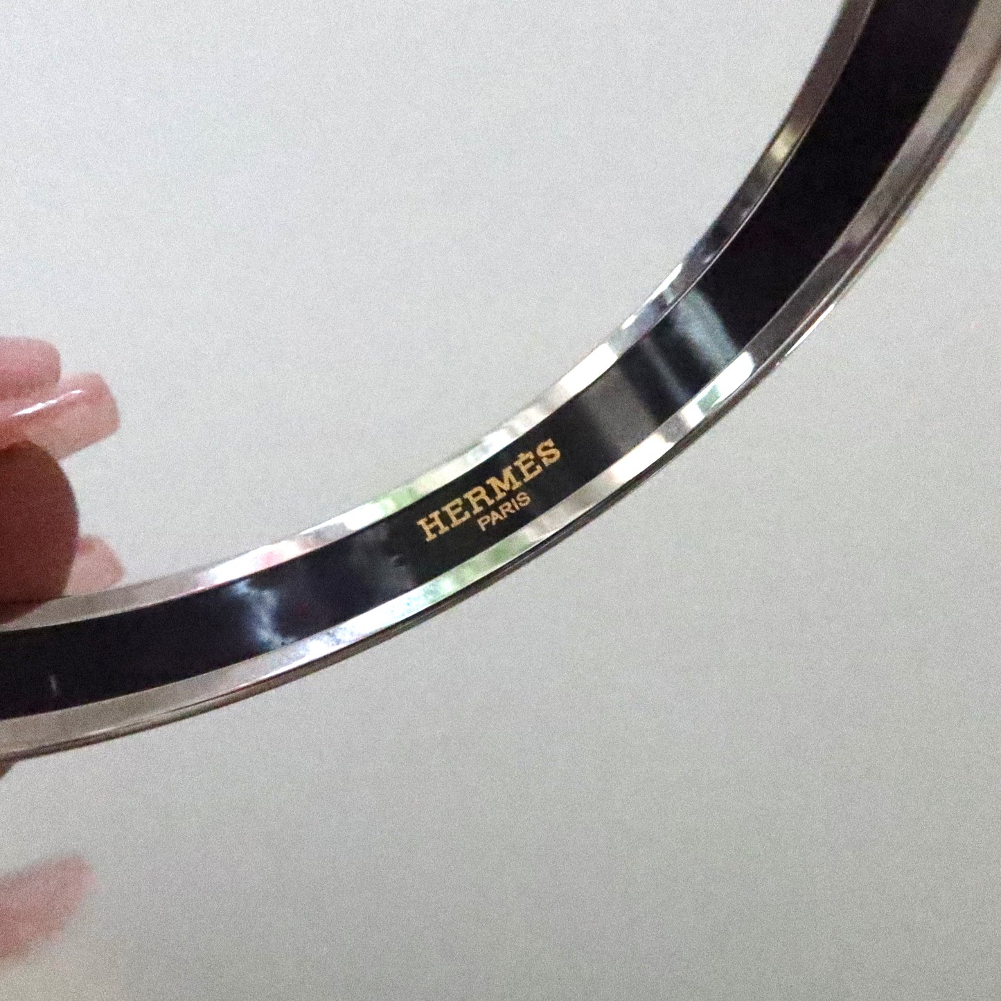 HERMES Pink Enamel &amp; Palladium-Plated Bangle Bracelet (N Stamp)