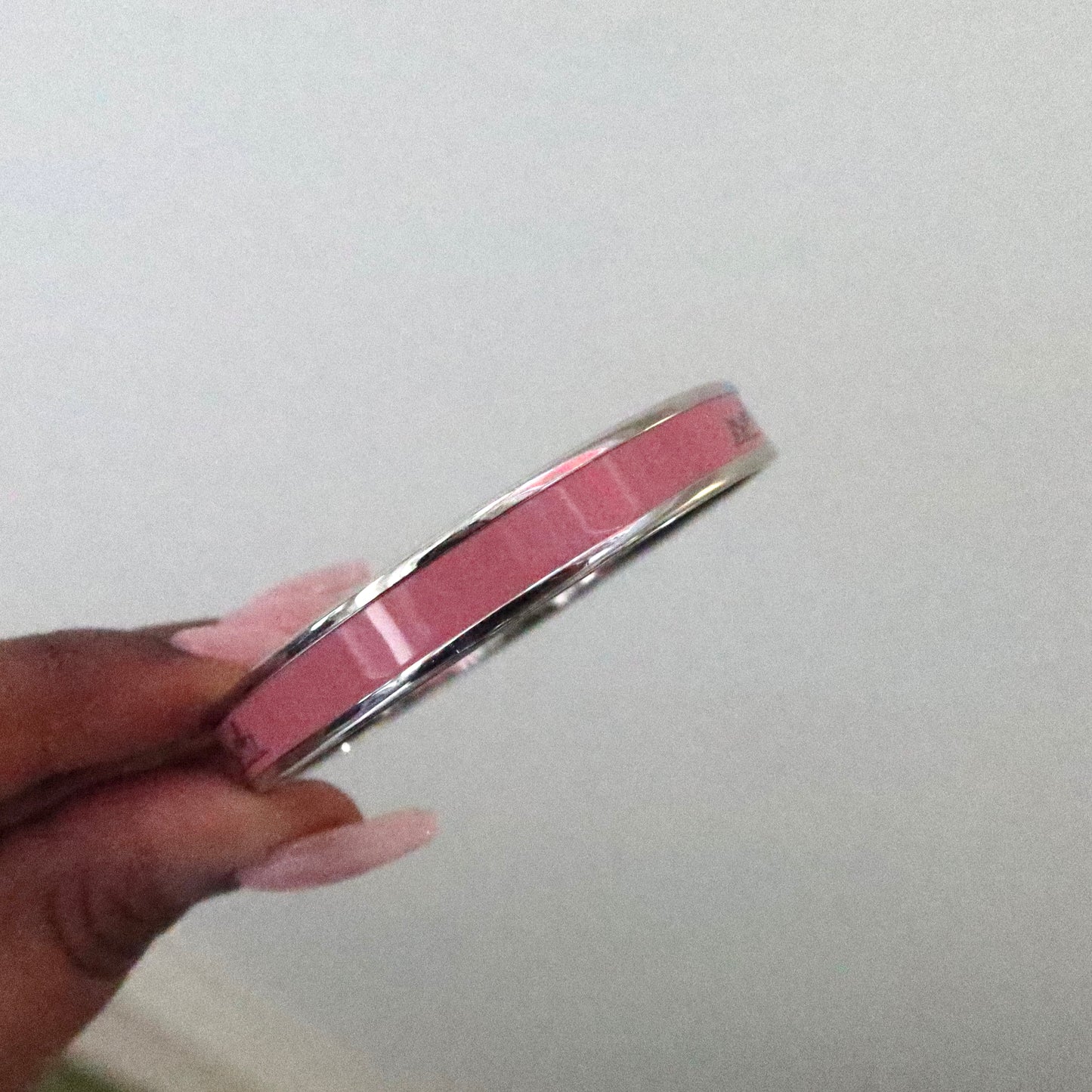 HERMES Pink Enamel &amp; Palladium-Plated Bangle Bracelet (N Stamp)