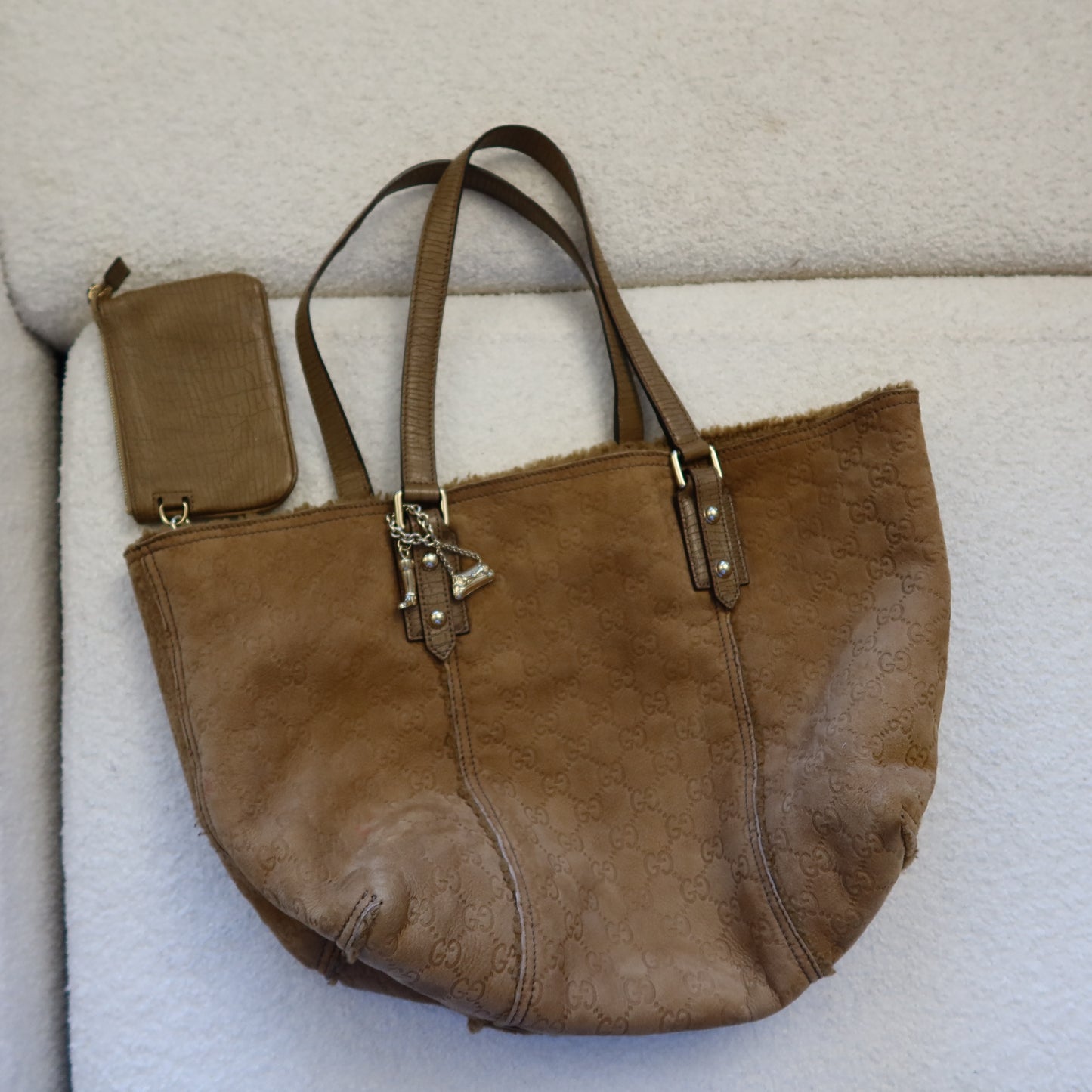 GUCCI Shearling Suede Reversible Tote with Pouch and Charms