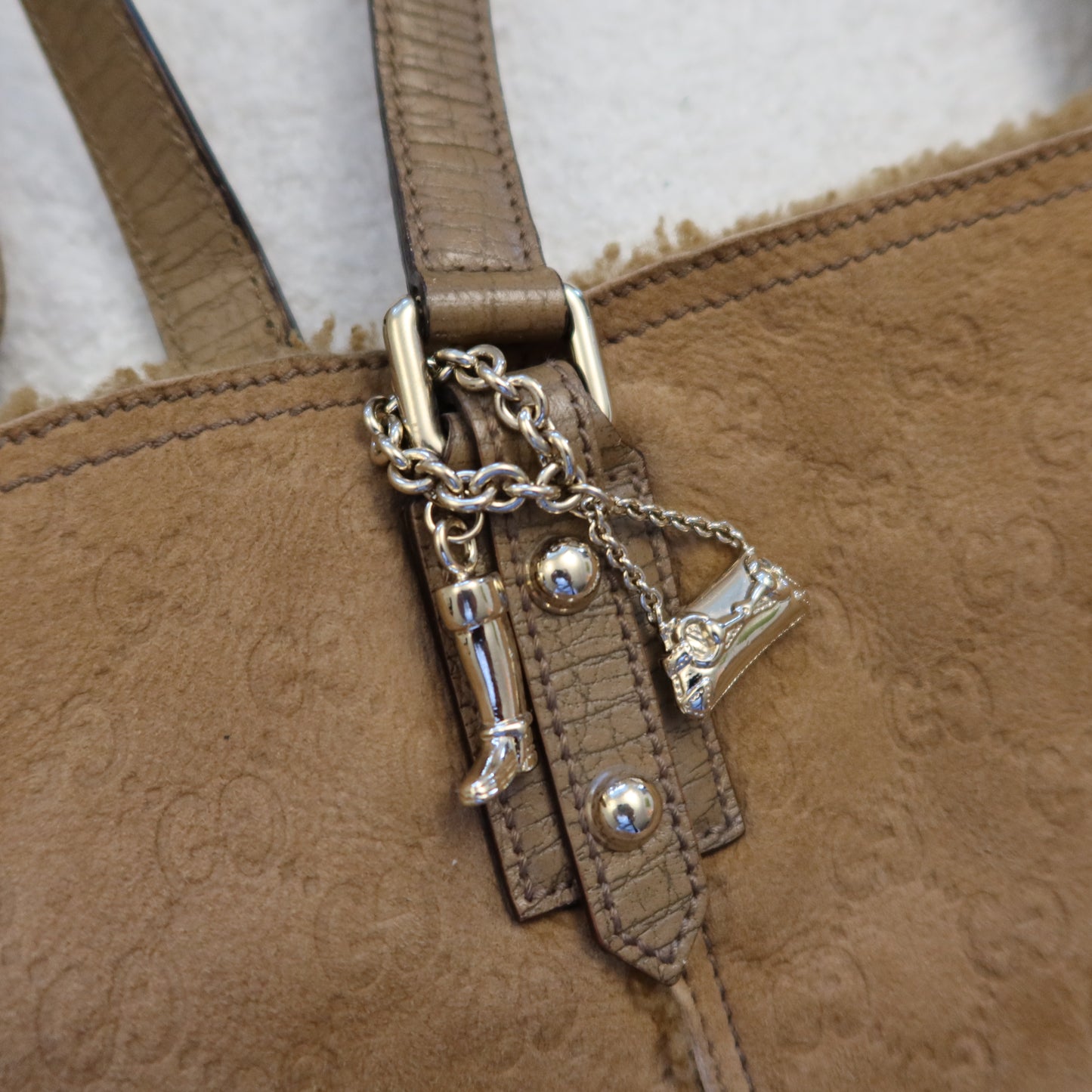 GUCCI Shearling Suede Reversible Tote with Pouch and Charms