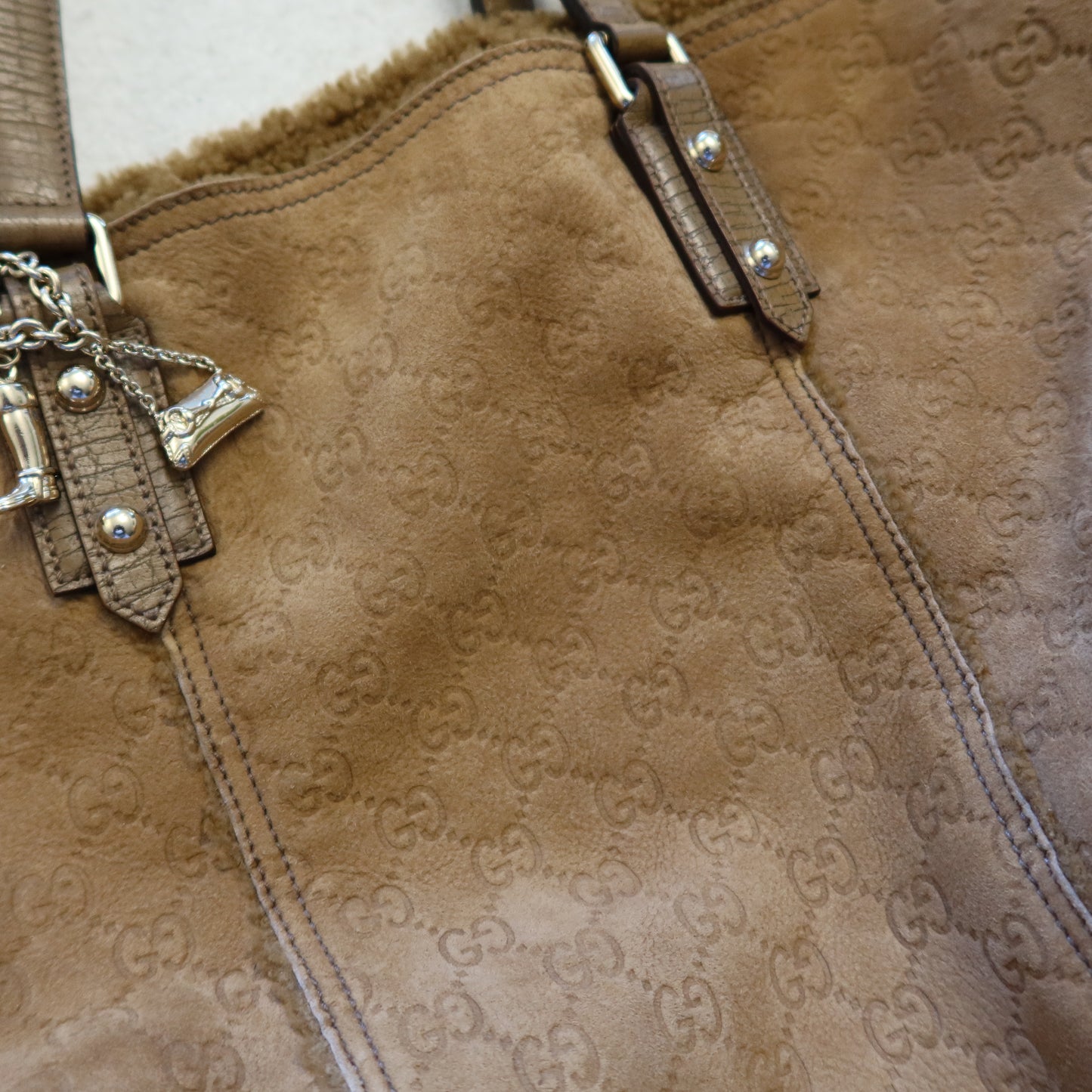 GUCCI Shearling Suede Reversible Tote with Pouch and Charms