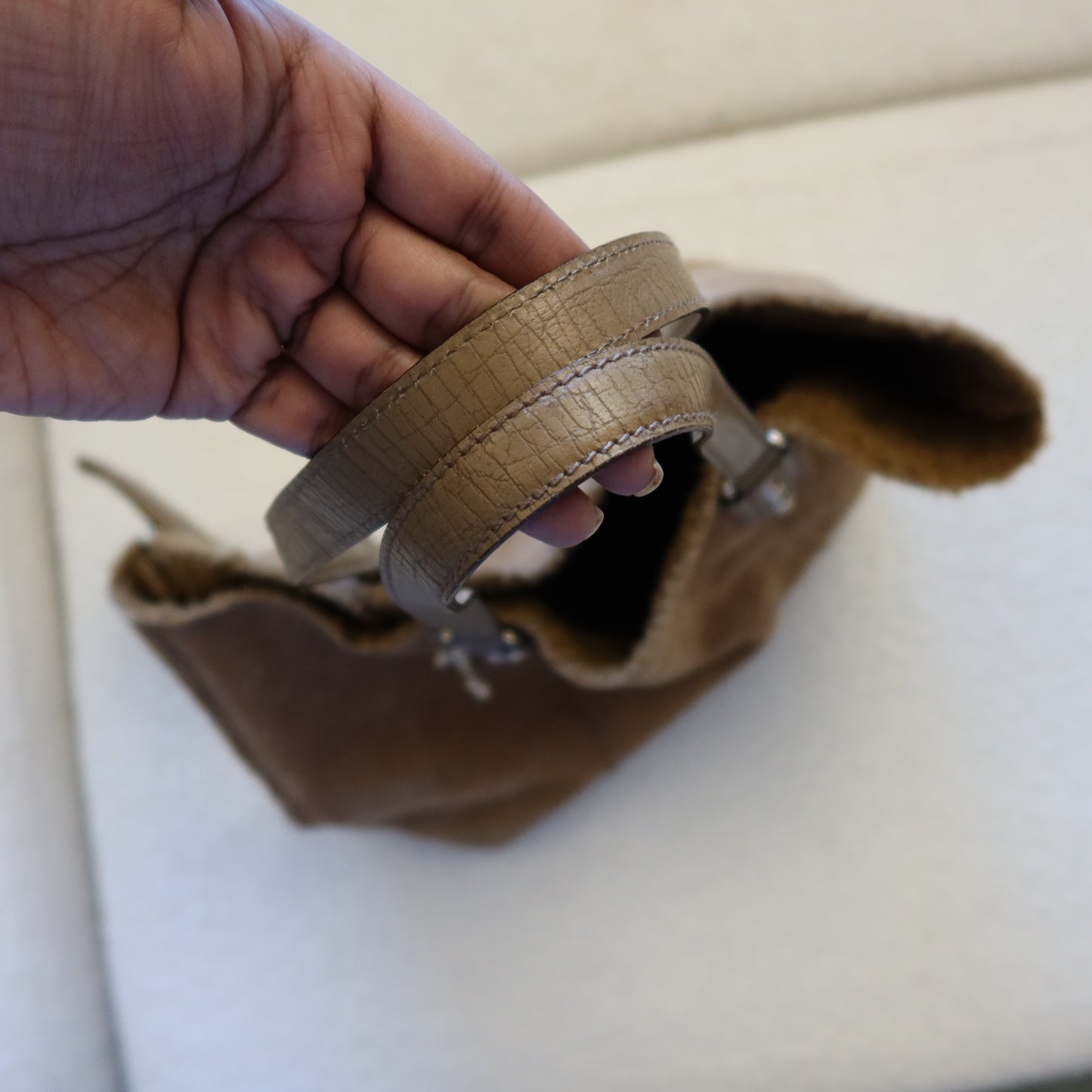 GUCCI Shearling Suede Reversible Tote with Pouch and Charms