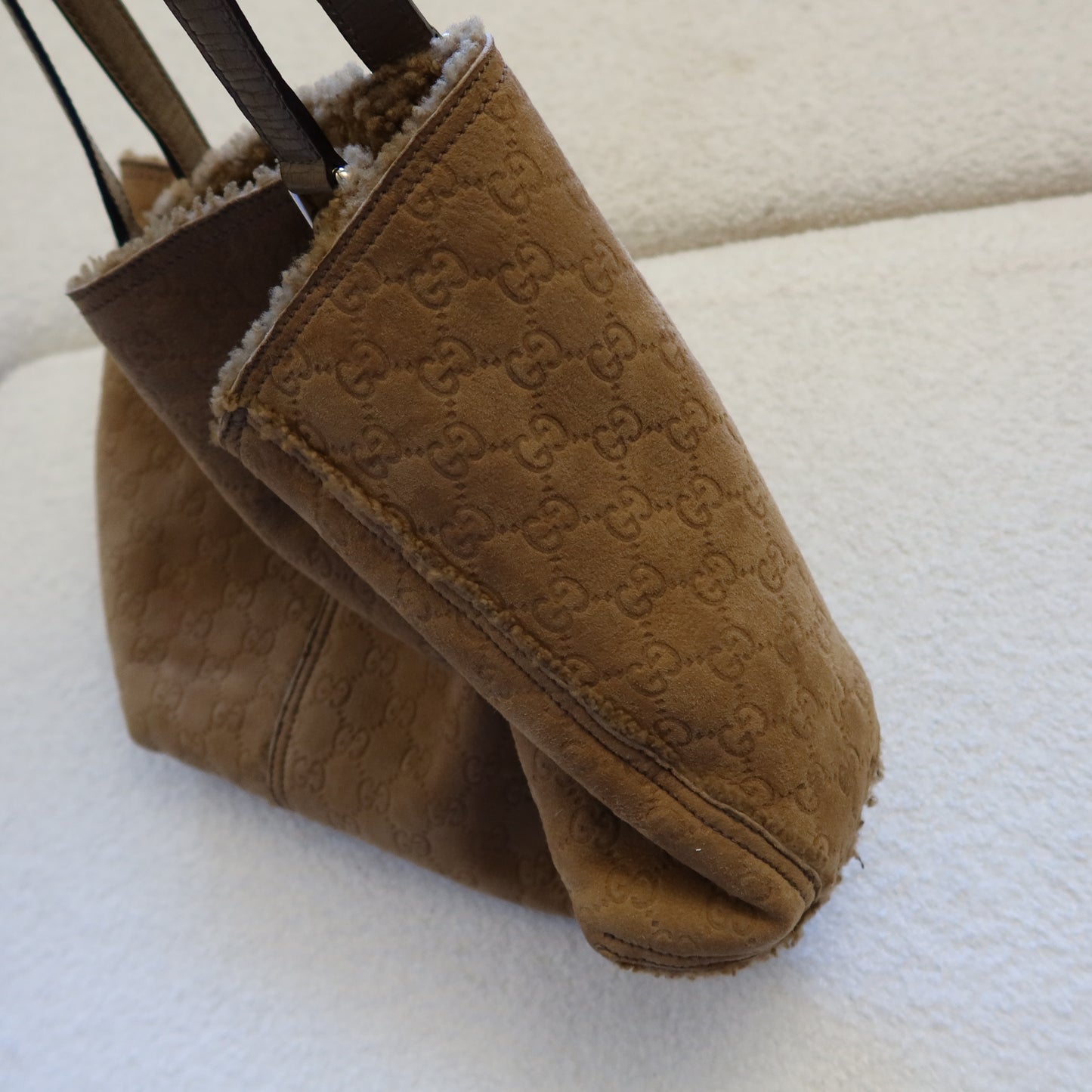 GUCCI Shearling Suede Reversible Tote with Pouch and Charms