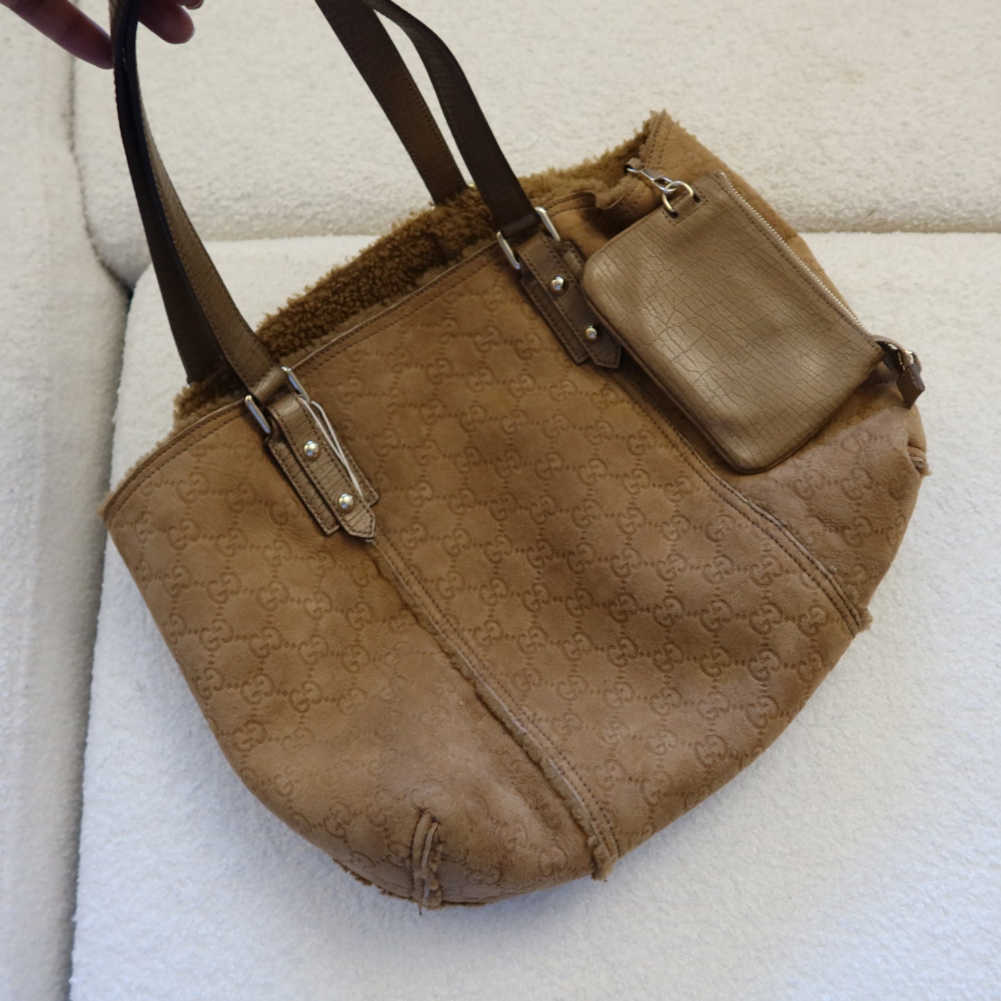 GUCCI Shearling Suede Reversible Tote with Pouch and Charms