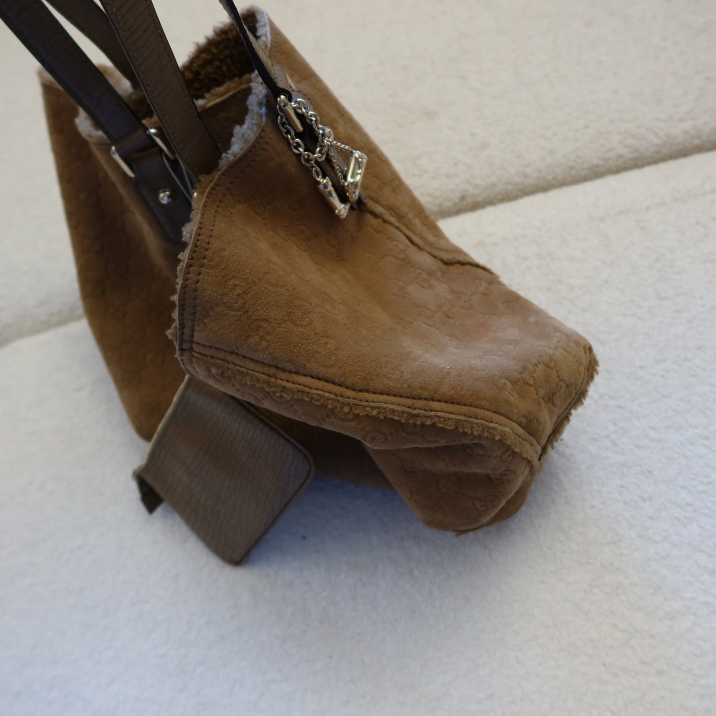 GUCCI Shearling Suede Reversible Tote with Pouch and Charms