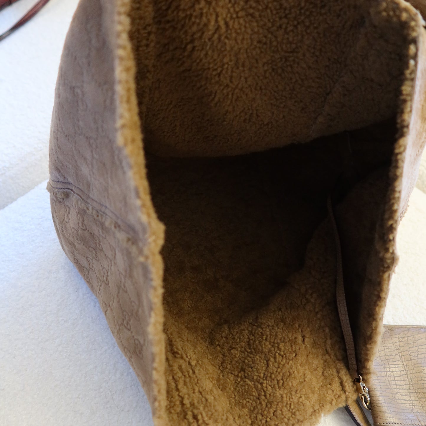 GUCCI Shearling Suede Reversible Tote with Pouch and Charms