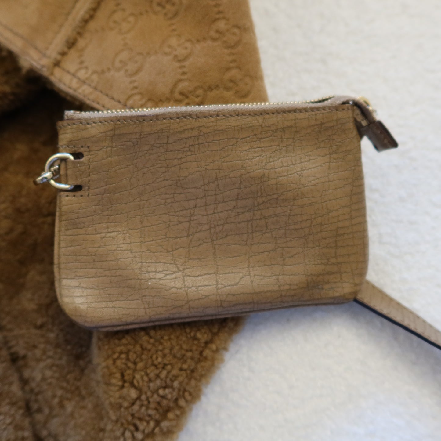 GUCCI Shearling Suede Reversible Tote with Pouch and Charms