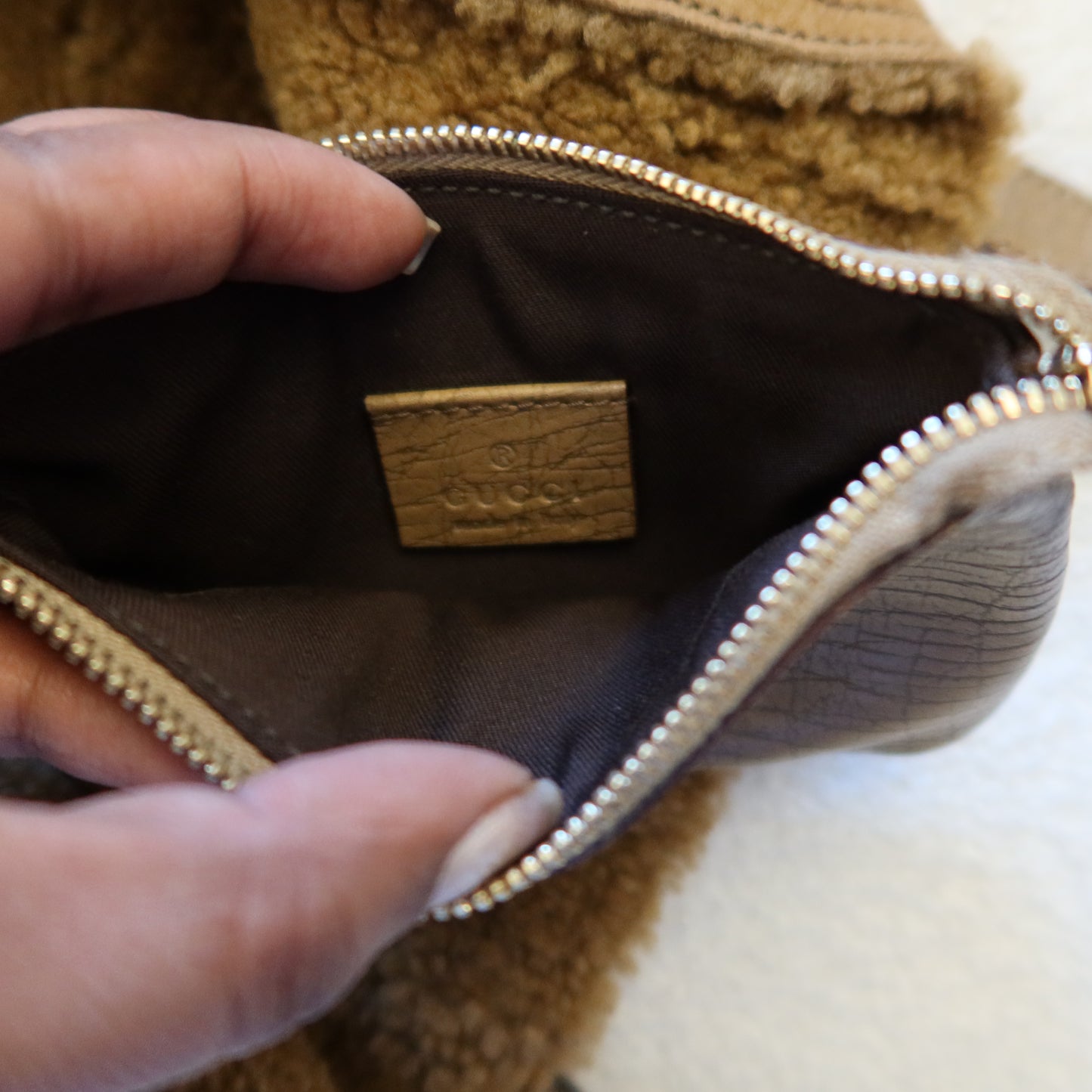 GUCCI Shearling Suede Reversible Tote with Pouch and Charms